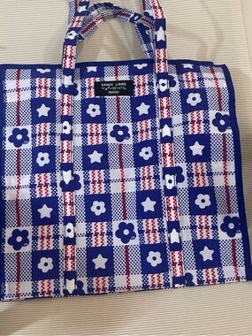 Authentic Sandy Liang x Baggu  Large Nylon Market Plaid Blue bag Tote brand new
